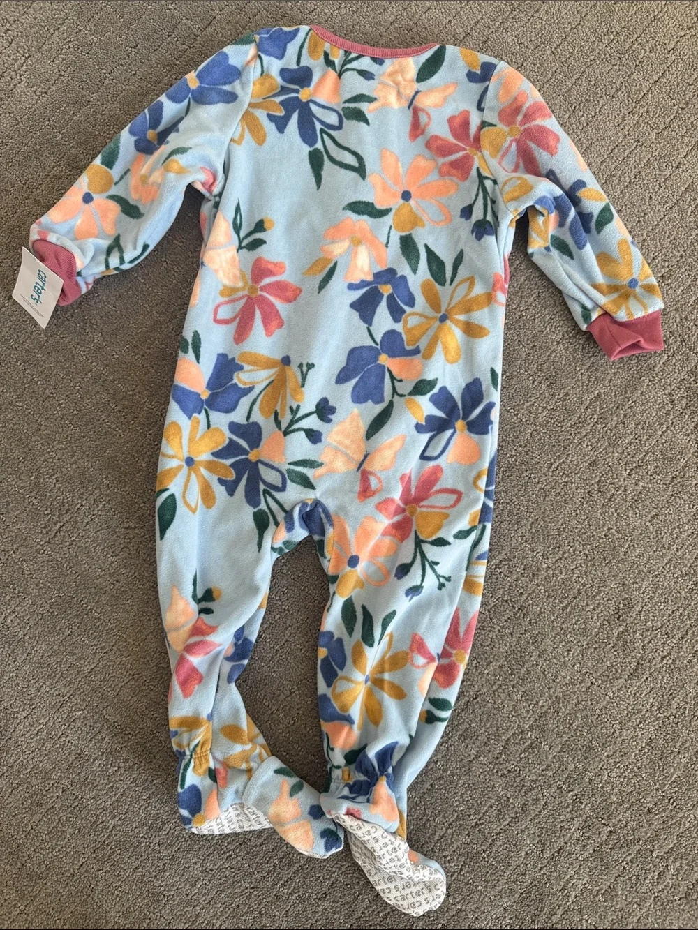 Carter's Blue Floral Fleece Footed One-Piece with Pink Trim